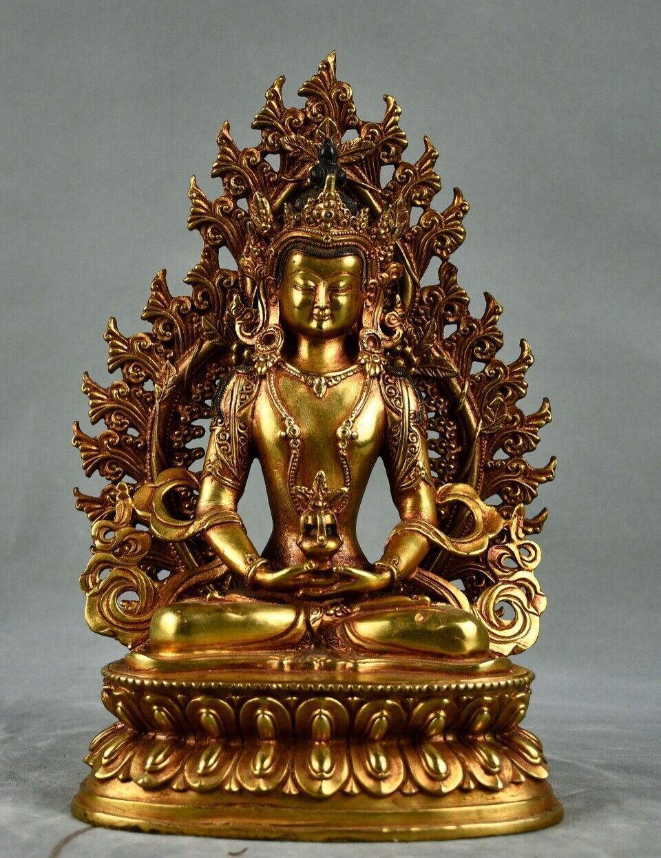 10" Antique Tibetan Buddhism Temple Bronze Gilt Amitabha Longevity Buddha Statue