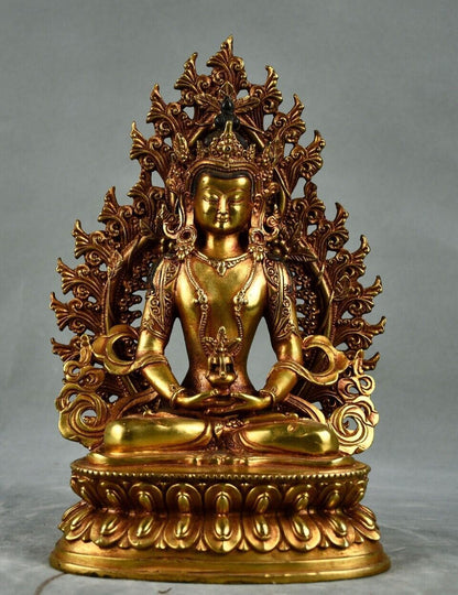 10" Antique Tibetan Buddhism Temple Bronze Gilt Amitabha Longevity Buddha Statue