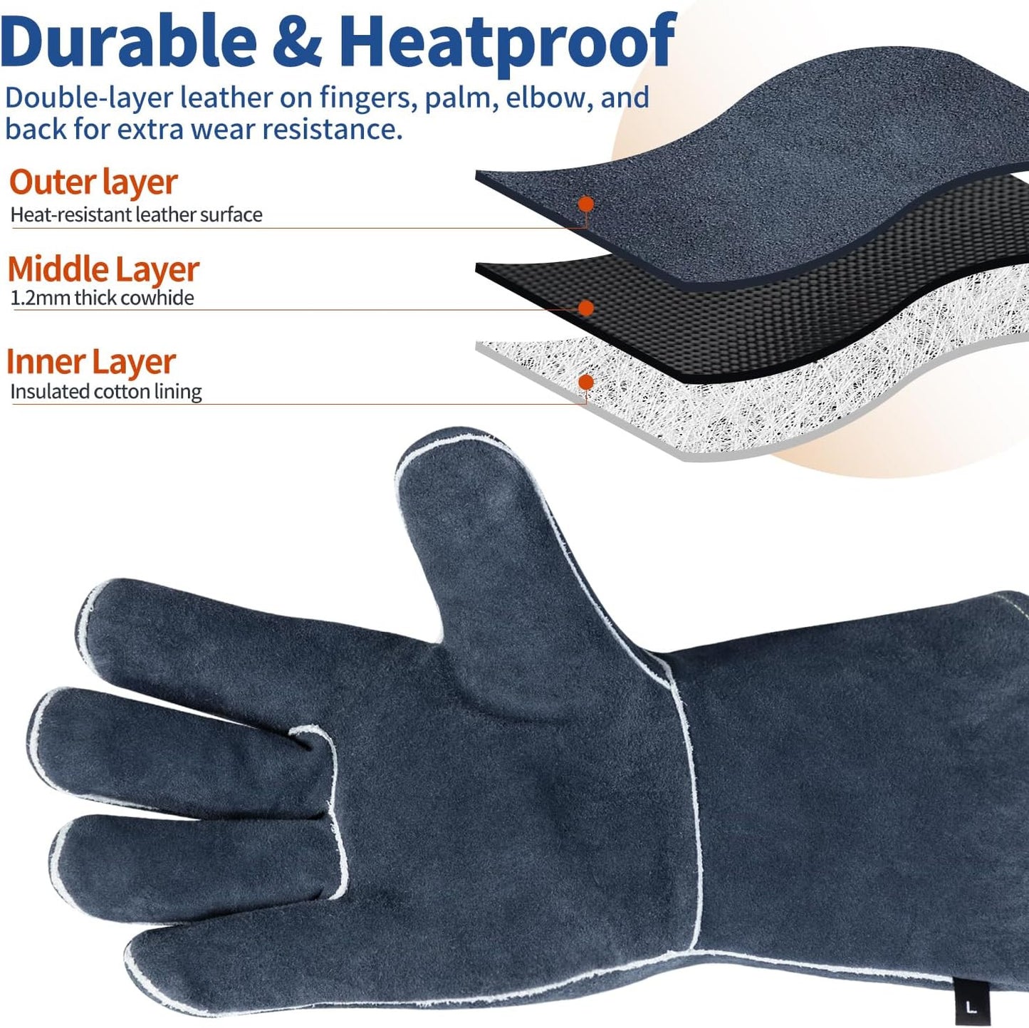 Fireplace Welding Gloves Fire Heat Resistant 14IN Fireproof Leather for Welding