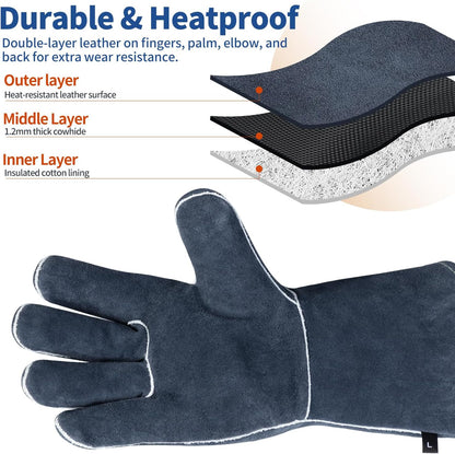 Fireplace Welding Gloves Fire Heat Resistant 14IN Fireproof Leather for Welding