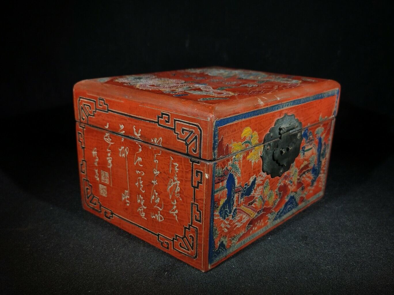 7.8" antique chinese jewelry box dragon sculpture statue qing qianlong seal box