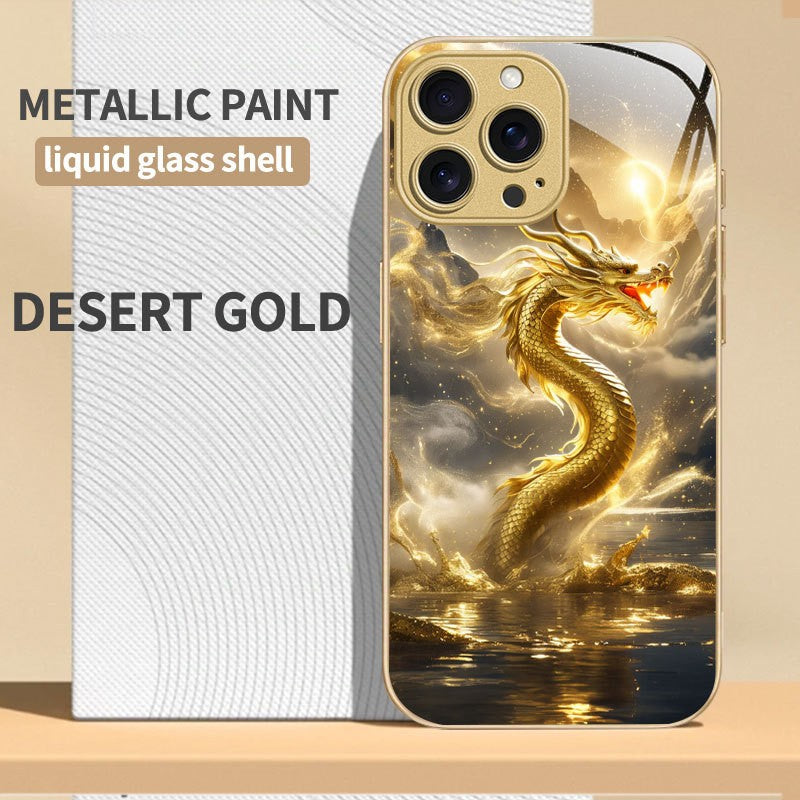 For iPhone 17 Pro Max/16/15 Plus/14 Metal Glass Painted Dragon Shockproof Case