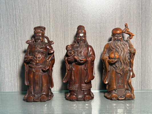 Chinese Boxwood Carved Three God Of Longevity Figure Statue Wood Sculpture Decor