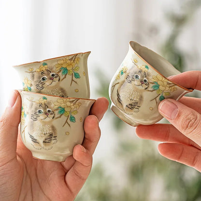 40ml Chinese Ceramic Ru Kiln Cute Cat Teacup Kung Fu Tea Set Master Cup