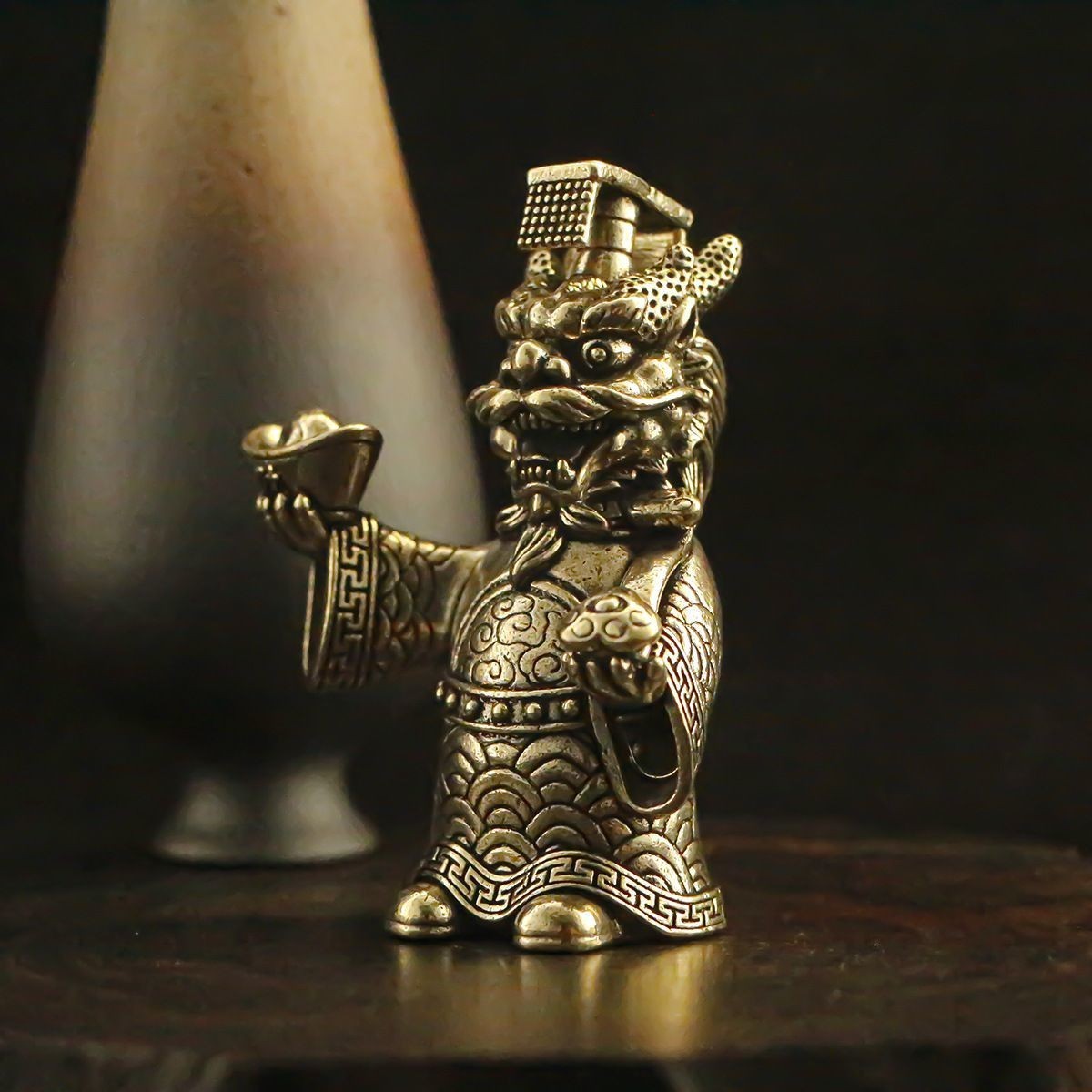 Solid Brass Chinese Dragon King 2.8"Statue Tea Table Lucky Wealth Fengshui Decor