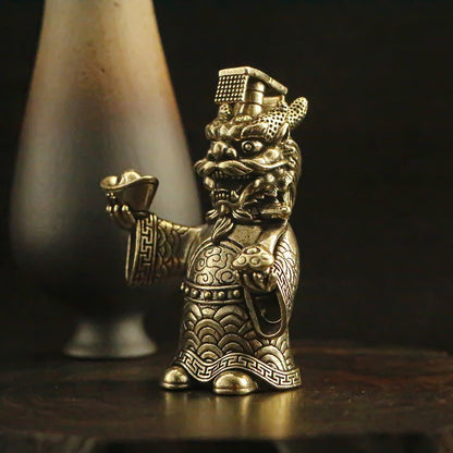 Solid Brass Chinese Dragon King 2.8"Statue Tea Table Lucky Wealth Fengshui Decor