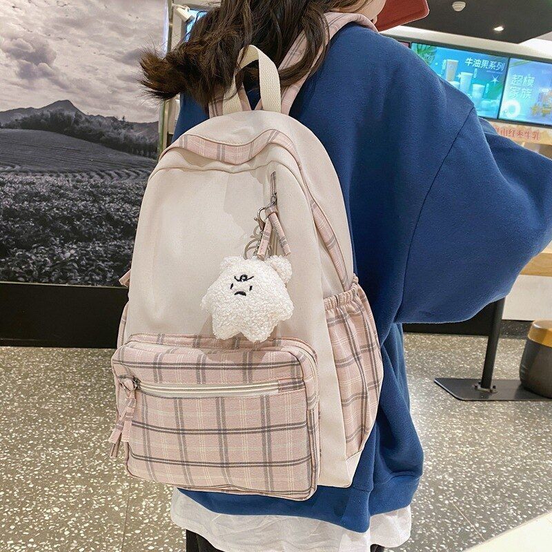 Plaid Backpack Small School Bag Shoulder Backpack Purse 28*12*39 CM Strap 44 CM
