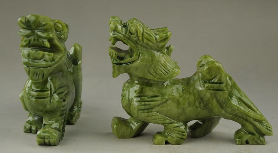 Chinese Natural green Jade Dragon Pixiu Statue Pair