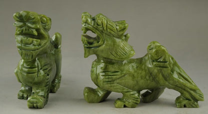 Chinese Natural green Jade Dragon Pixiu Statue Pair