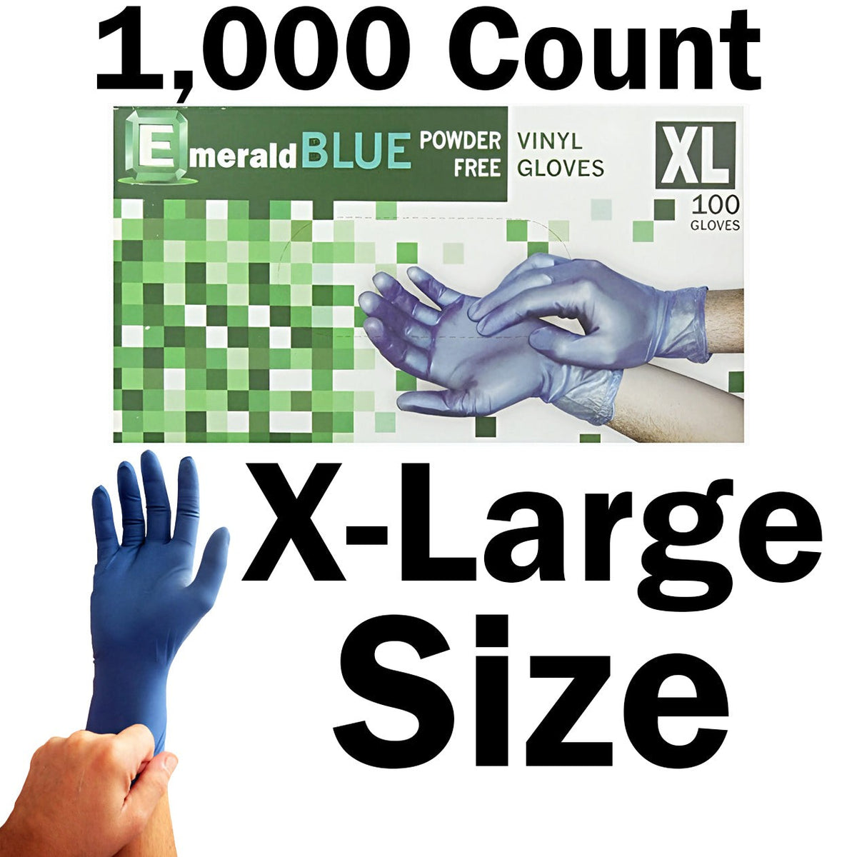 Emerald Shannon 1,000 Count SIZE X-LARGE Powder-Free Vinyl Gloves, 4 Mil, Blue