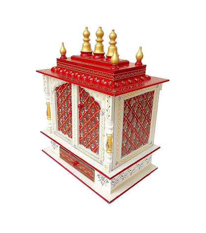 Handcrafted Wooden Home Temple White & Red Worship Mandap Mandir