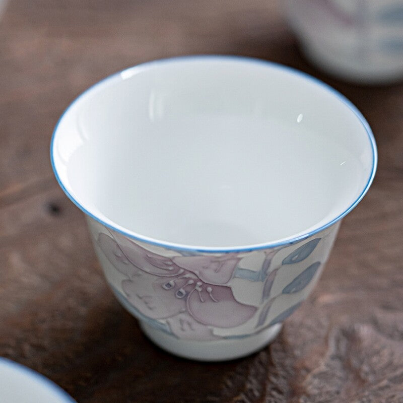 Handmade Tea Cup Porcelain Personal Cup Lily Floral Relief Carved 45ml One Piece