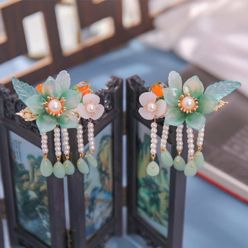 Wedding Decor 1 Pair Chinese Hair Clips Tassel Hair Barrettes Jade Ponytail