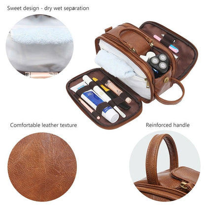 Waterproof Vintage Genuine Leather Toiletry Bag Travel Wash Case Make Up Pouch