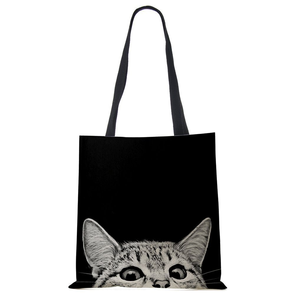 Tote Bags Black Cat Printed Linen Fabric Eco Handbag Shopping Reusable Shoulder