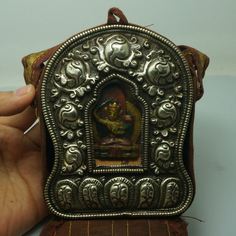 4.92" Old Collected Buddhist Nepalese Handmade Brass Box Stupa Rubbed Pendant