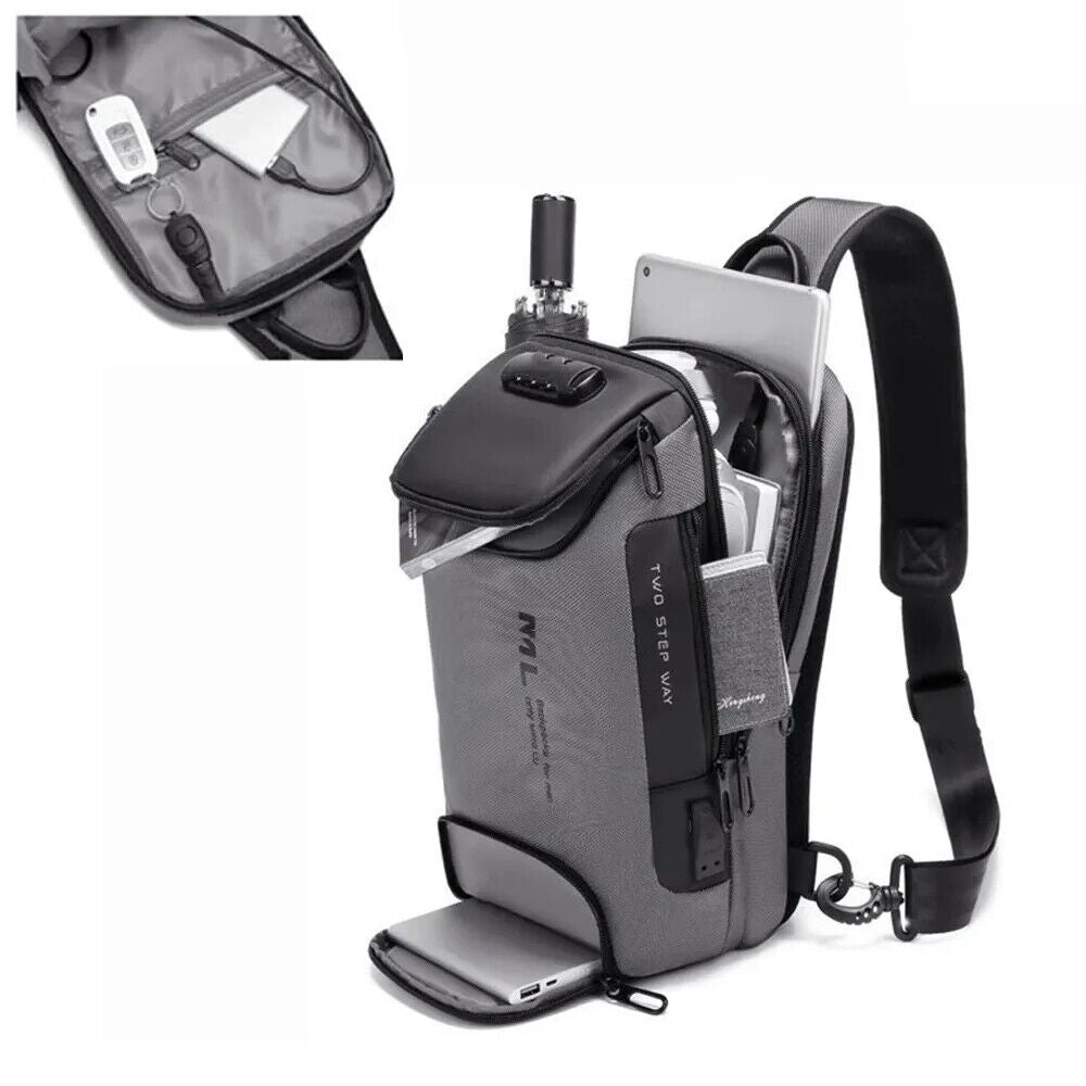 Men's Lock Shoulder Bag USB Cross Body Chest Bags Travel Crossbody Pack Pack