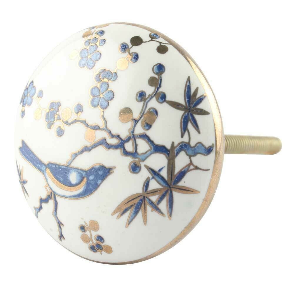 Set of 10 Blue Bird Golden Berry Ceramic Drawer Cabinet Knobs Wardrobe Pulls
