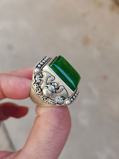 Asian old miao silver hand cast cool statue ring jewel gift