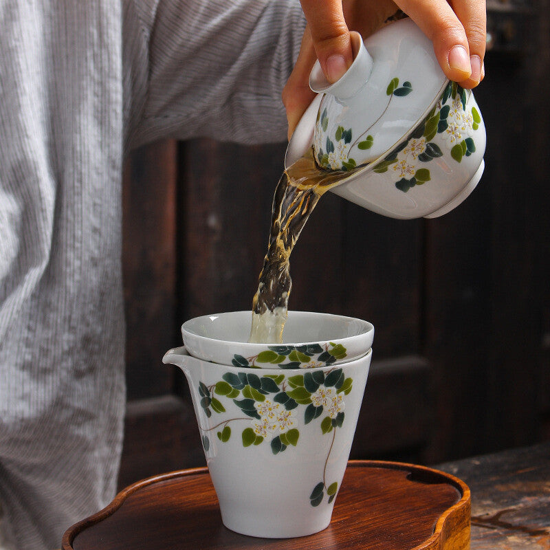 Health Care Pure Silver Tea Set Porcelain Flower Relief Honeysuckle Gaiwan Cups