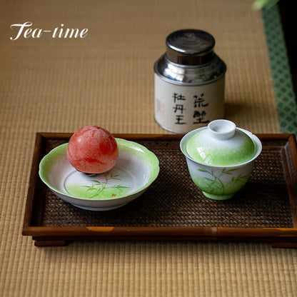 150ml Retro Grass Green Ceramic Tea Tureen Hand-painted Bamboo Tea Bowl