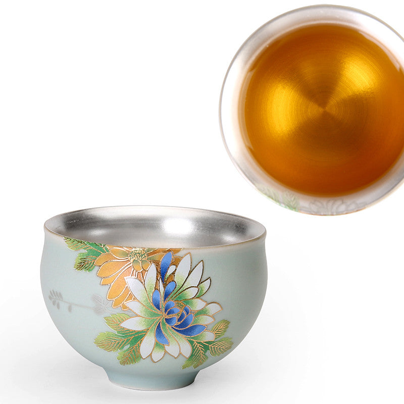 Health Care Pure Silver Inside Tea Cup Porcelain Ruyao Floral Design Tea Saucer