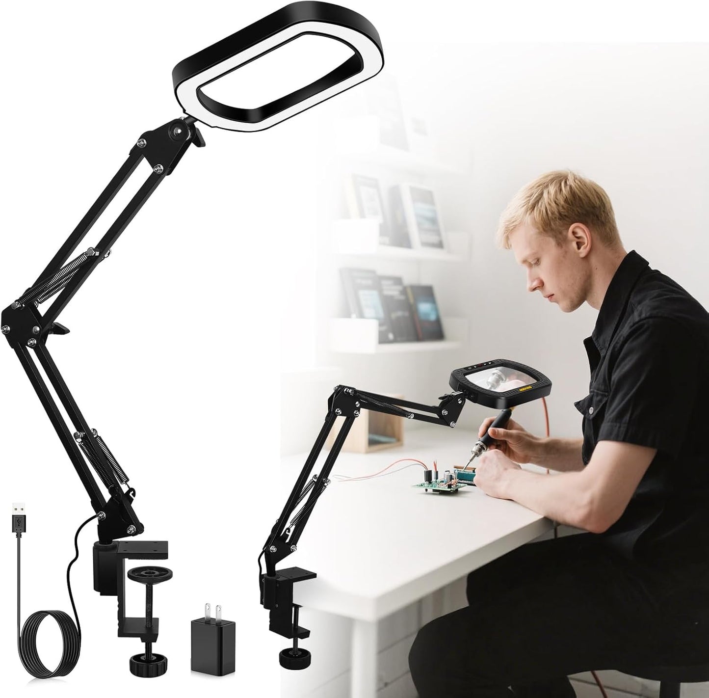 Magnifying Glass with Light Square Magnifier Desk Lamp 10X Close up Work for Des