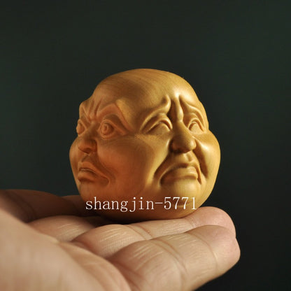 Boxwood Carved 4 Faced Emotions Buddha Head Statue Figurine Collection