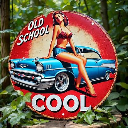 Vintage 8x8 Round Tin Sign Pin Up Girl Retro Car Cool Girl Wall Art for Home