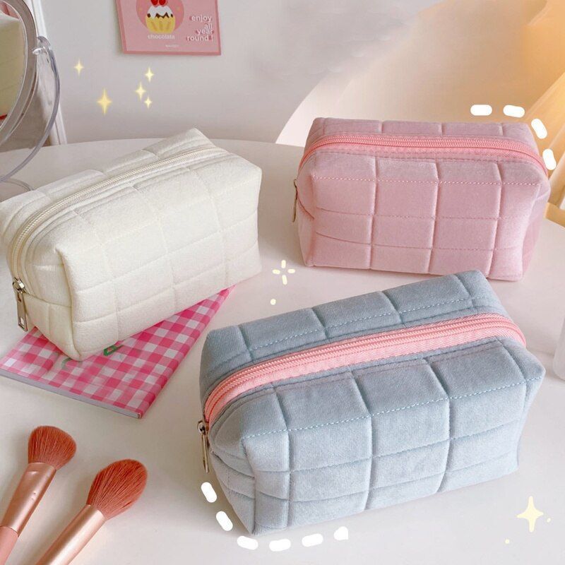 Large Pink White Blue Plush Makeup Purse Pencil Case Storage Soft Bags Organizer