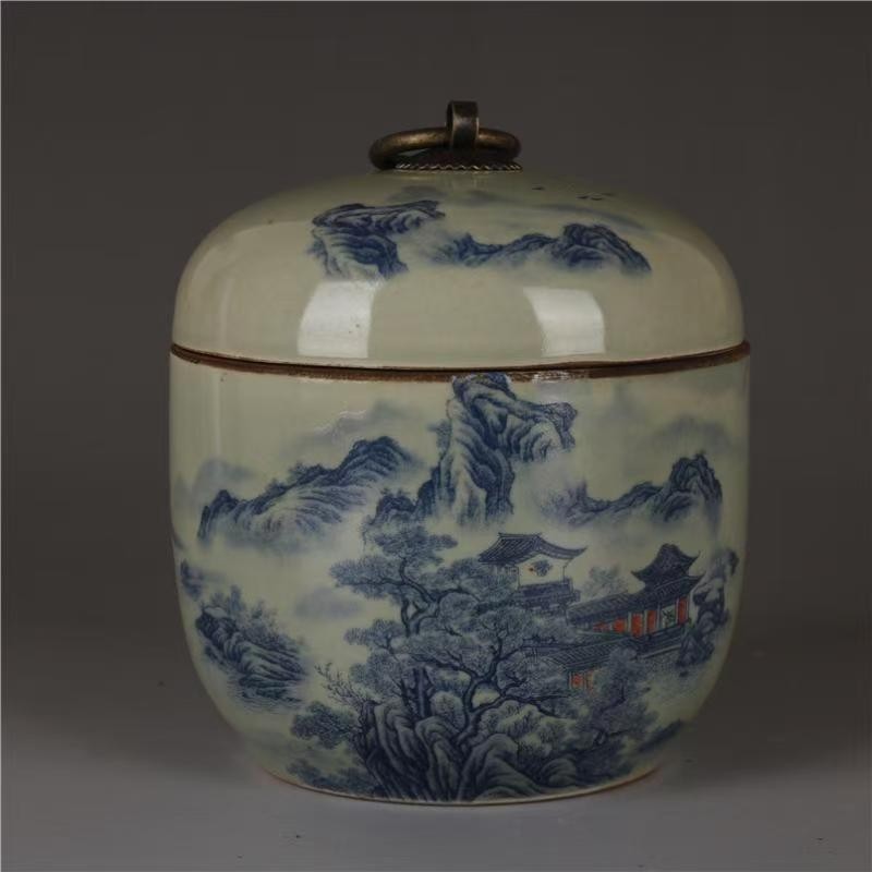 Exquisite Chinese Porcelain Landscape Pattern Blue and White Porcelain Tea Jar