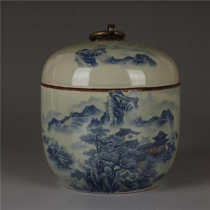 Exquisite Chinese Porcelain Landscape Pattern Blue and White Porcelain Tea Jar