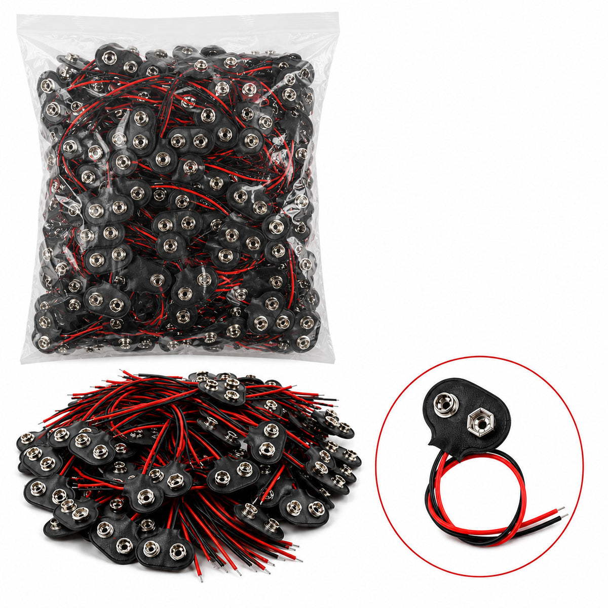 9v Battery Snap T-Type with Wire Leads - Pack of 100