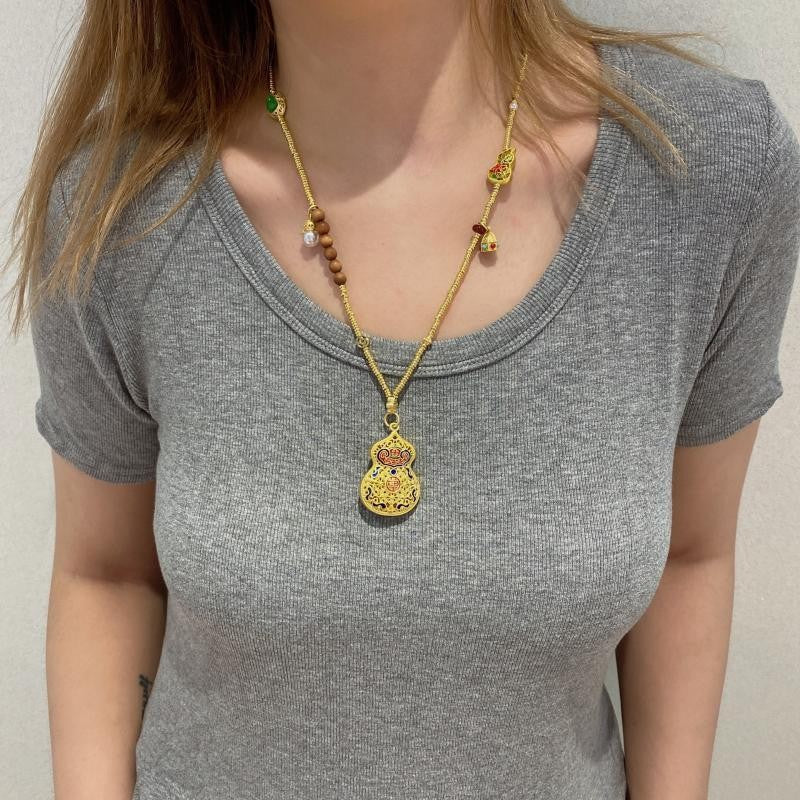 Vintage Cloisonné Gold Gourd Pendant - Chinese Lucky Enamel Sweater Chain