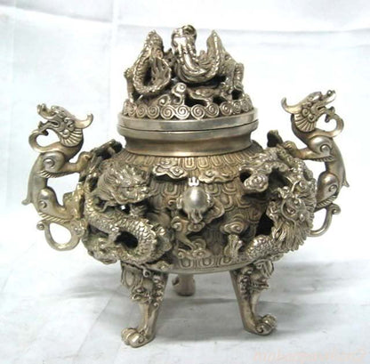 Silver Nine Dragon Censer Old Stamp Tripod Incense Burner Statue Collection