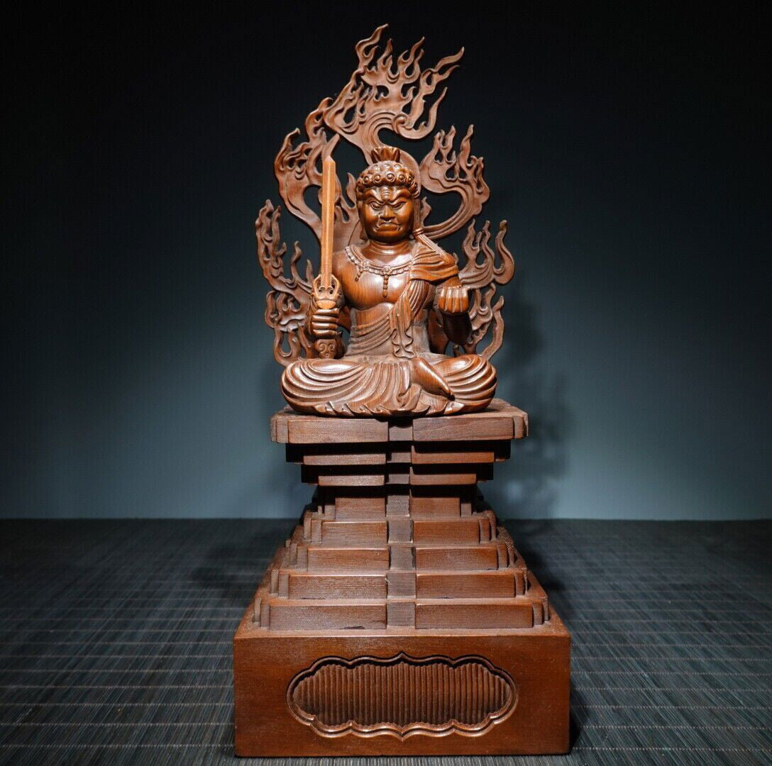 14" Collect Chinese Box-wood Carving Fudo Myo-o Acalanatha Statue