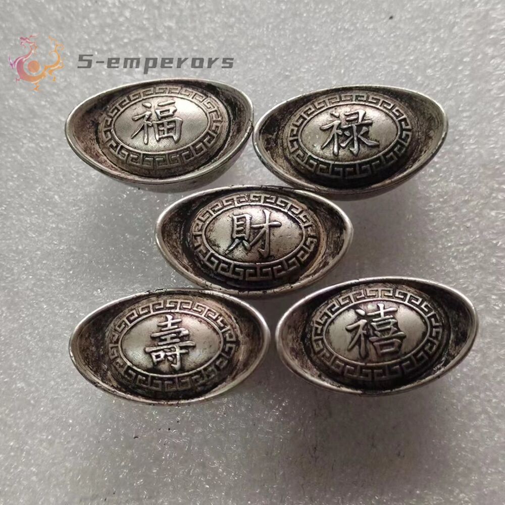 Qing Dynasty Antique Tibet Silver Ingots Famous Wealth Treasure Statues Set