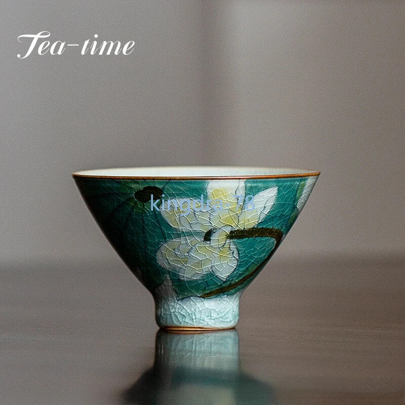 Chinese Style Ice Cracked Tea Set Teacup Hand Painted Lotus Art Teacup