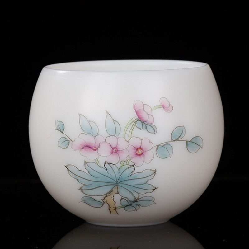 Mutton Fat Jade Porcelain Cup 150ml Handpainted Master Tea Cup Under Glaze Lotus