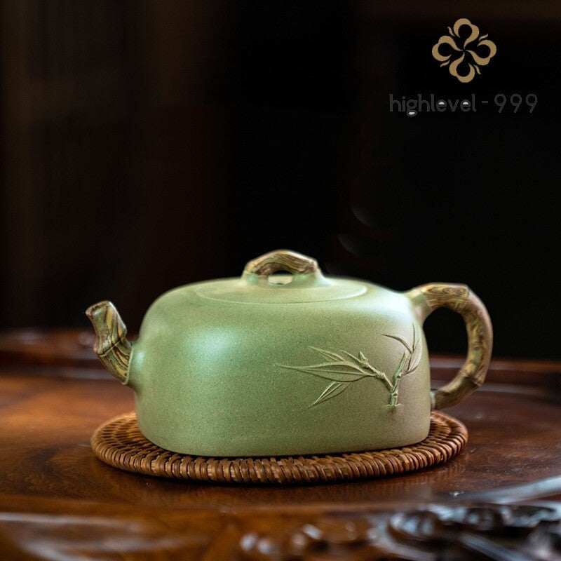 handmade tea pot marked 7 infuser real yixing zisha douqing clay bamboo relief