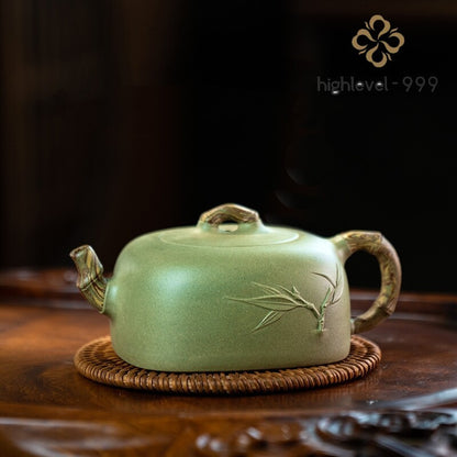 handmade tea pot marked 7 infuser real yixing zisha douqing clay bamboo relief