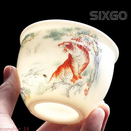 Jade Ceramic Tea Cup Zodiac Tiger Tea Cup Master Cup White Porcelain Tea Set