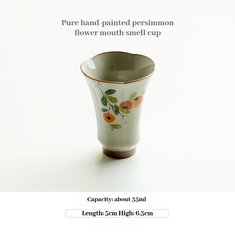 Chinese Teacup Hand Painted Persimmon Ceramic Tea Cup Flower Mouth Fragrance Cup