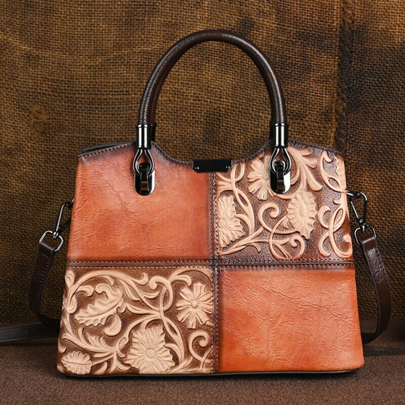 Women's Retro Genuine Leather Handbags Floral Embossed Tote Shoulder Bags