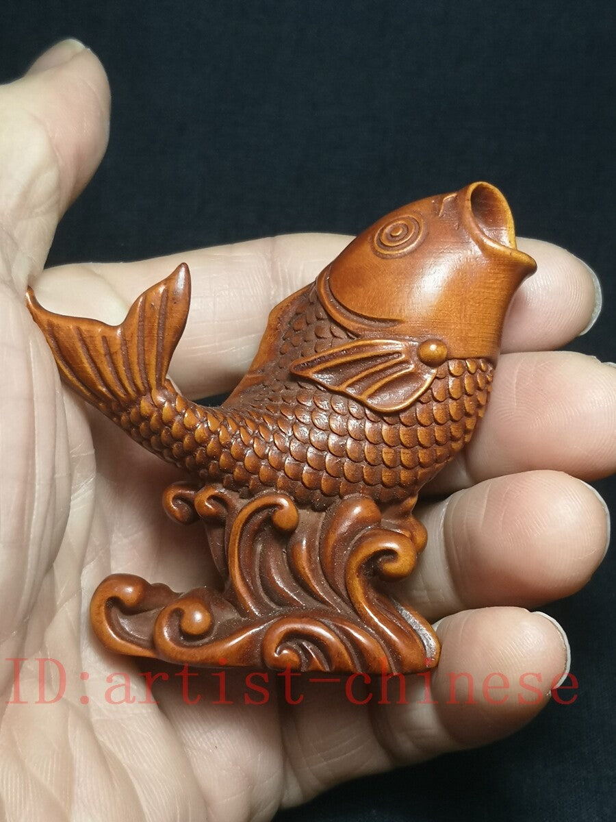 Japanese Rare Boxwood Hand Carved Lovely Fish Figure Statue Netsuke Collect Gift