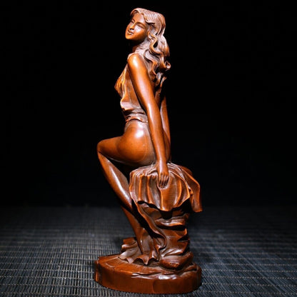 Chinese Boxwood Wood Carving Sexy Beautiful Woman Statue Wooden Sculpture Decor