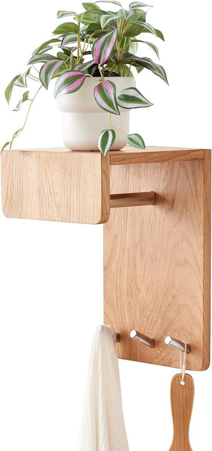 Oak Coat Rack Shelf Wall Mount 3-In-1 Wood Entryway Wall Shelf with 3 Hooks