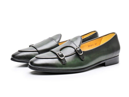 Men Loafers Leather Round Toe Low Heel Double Buckle Business Dress Shoes