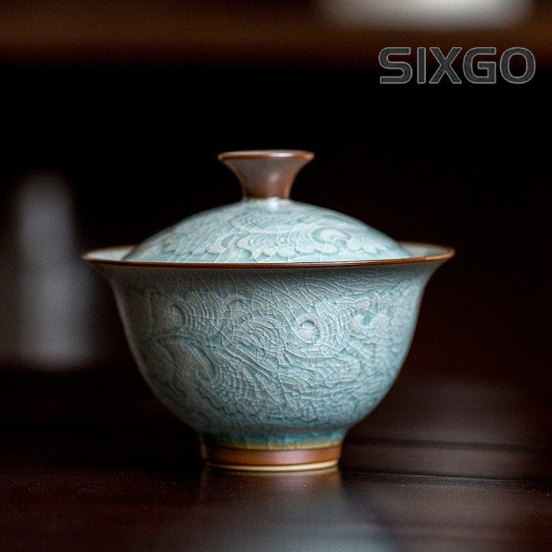 Glazed Relief Peony Gaiwan Tea Tureen Tea Cover Bowl Chinese Tea Set Craft