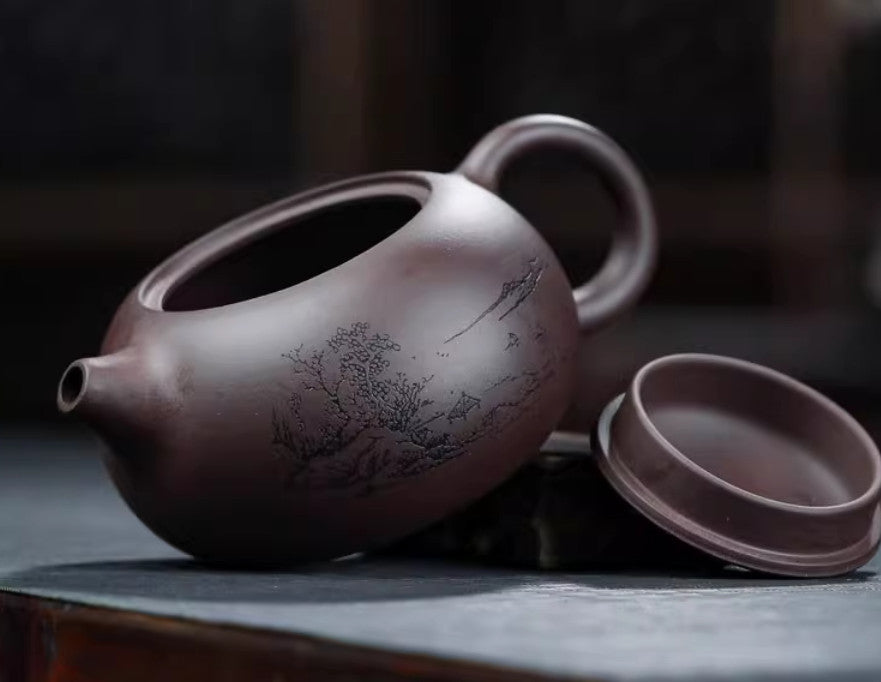 5.9" Chinese Yixing Zisha Pottery Purple Mud 420CC Hill Water Kung Fu Teapot